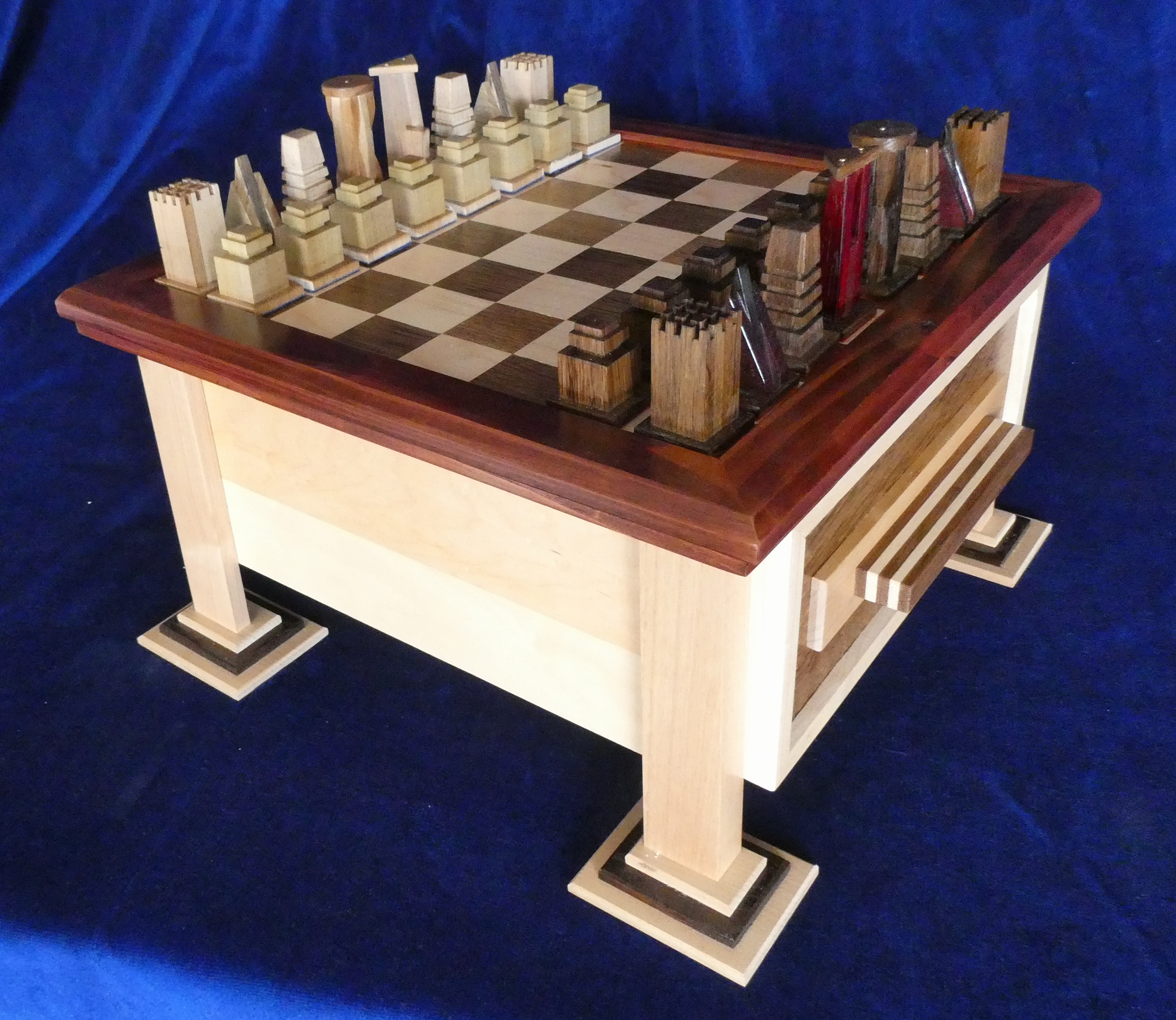 Handcrafted chess table with custom wooden pieces